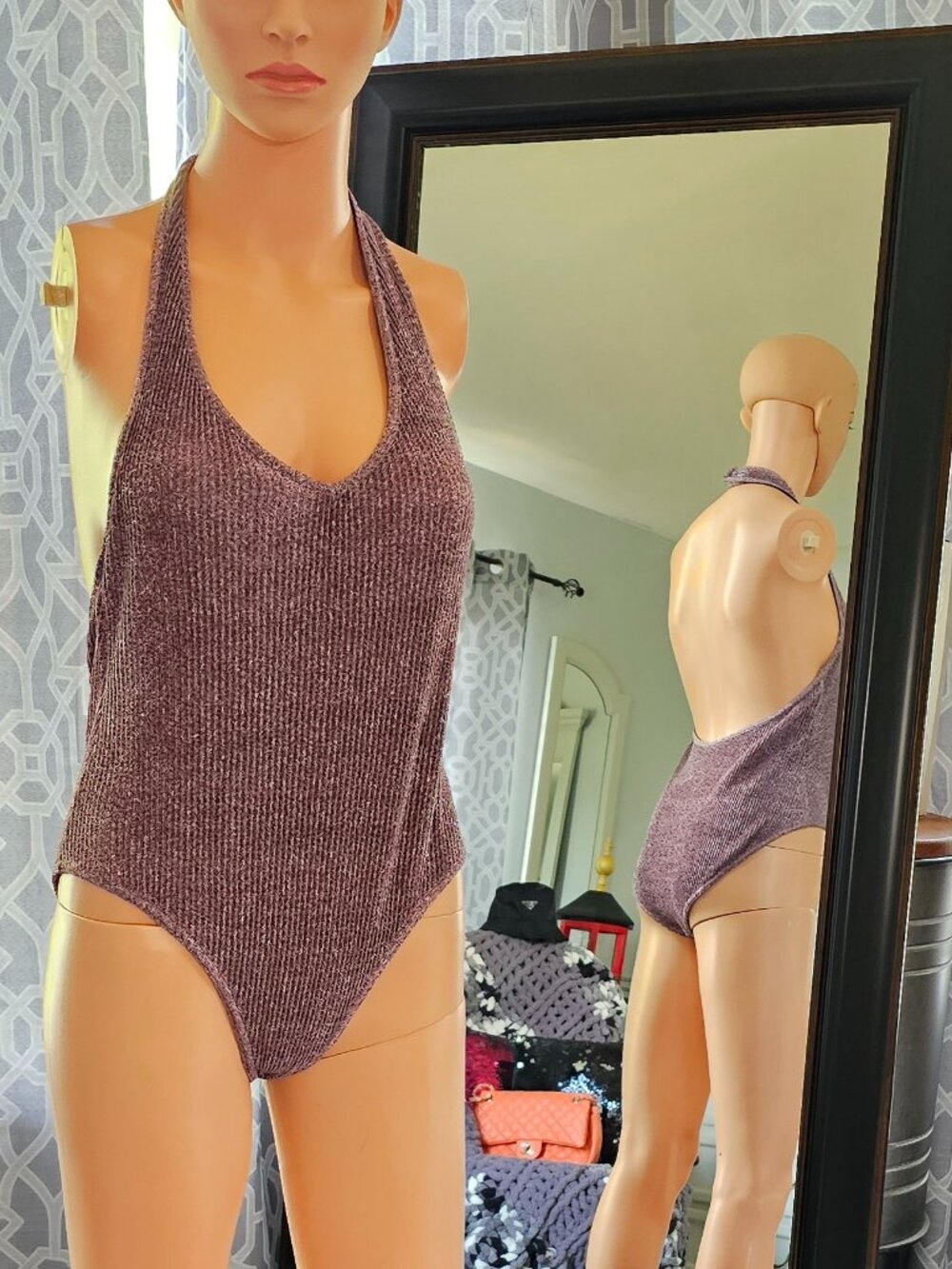 Out From Under Brooke Shimmer Halter Bodysuit – Metallic Knit, Size SP
